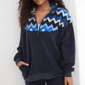 Aerie Hometown Holiday Quarter Zip Blue & White Fleece Sweatshirt Women’s Large